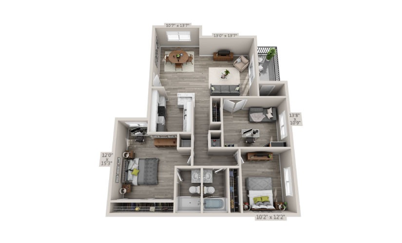 Egret - 3 bedroom floorplan layout with 2 bathrooms and 1204 square feet