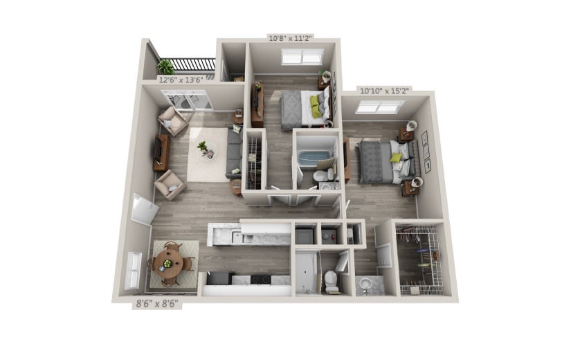 Heron - 2 bedroom floorplan layout with 2 bathrooms and 983 square feet
