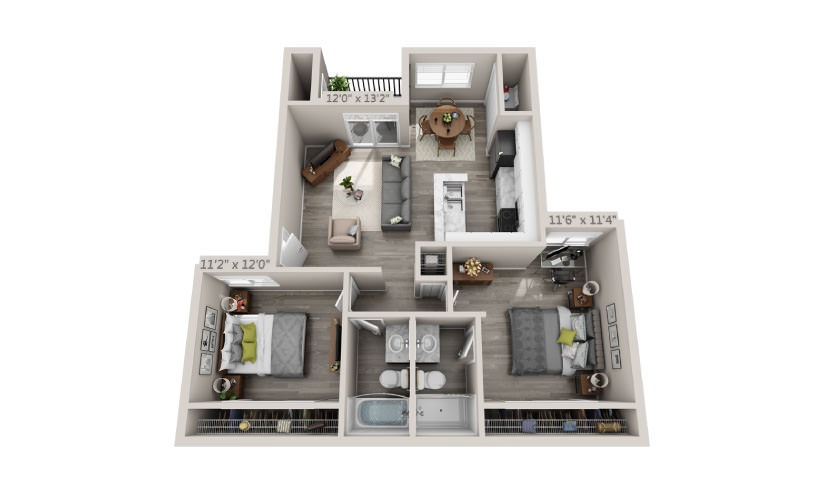 Ibis - 2 bedroom floorplan layout with 2 bathrooms and 950 square feet